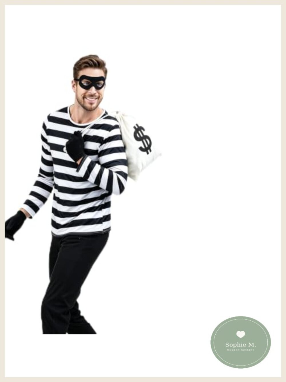Adult Burglar Costume Striped Shirt Eye Mask Cap Money Bag